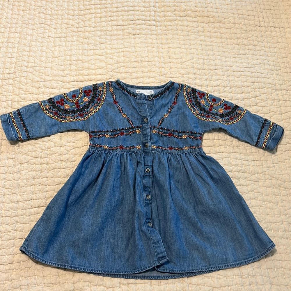 Zara Girls Embroidered Denim Dress
